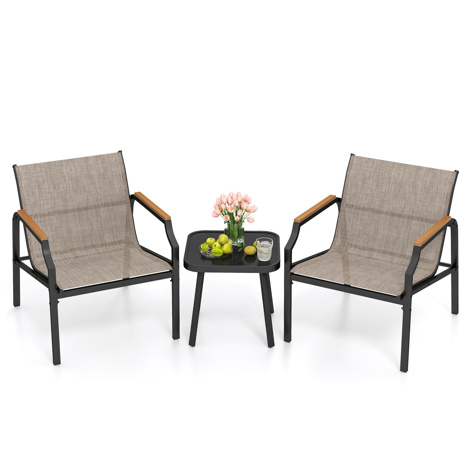 Tangkula 3 Piece Outdoor Bistro Set with Breathable Fabric Seat